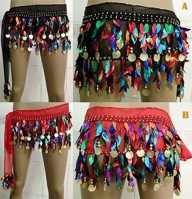 Belly Dance Hip Scarf Waistband Belt Skirt With Mixed Colors Leaves &gold Coins