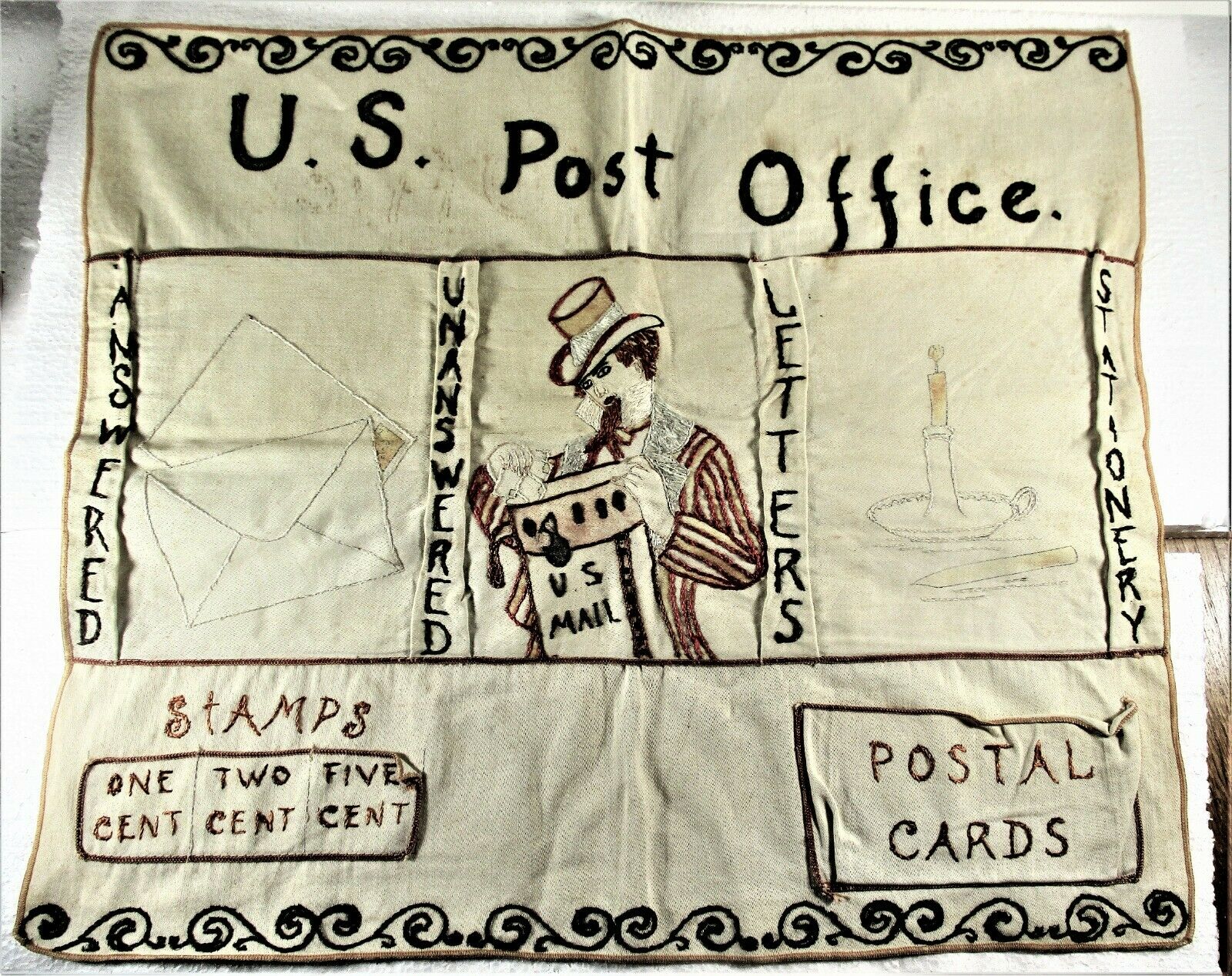 American Textile Folk Art Small Postal "mailing Theme" Wall Or Table Cover