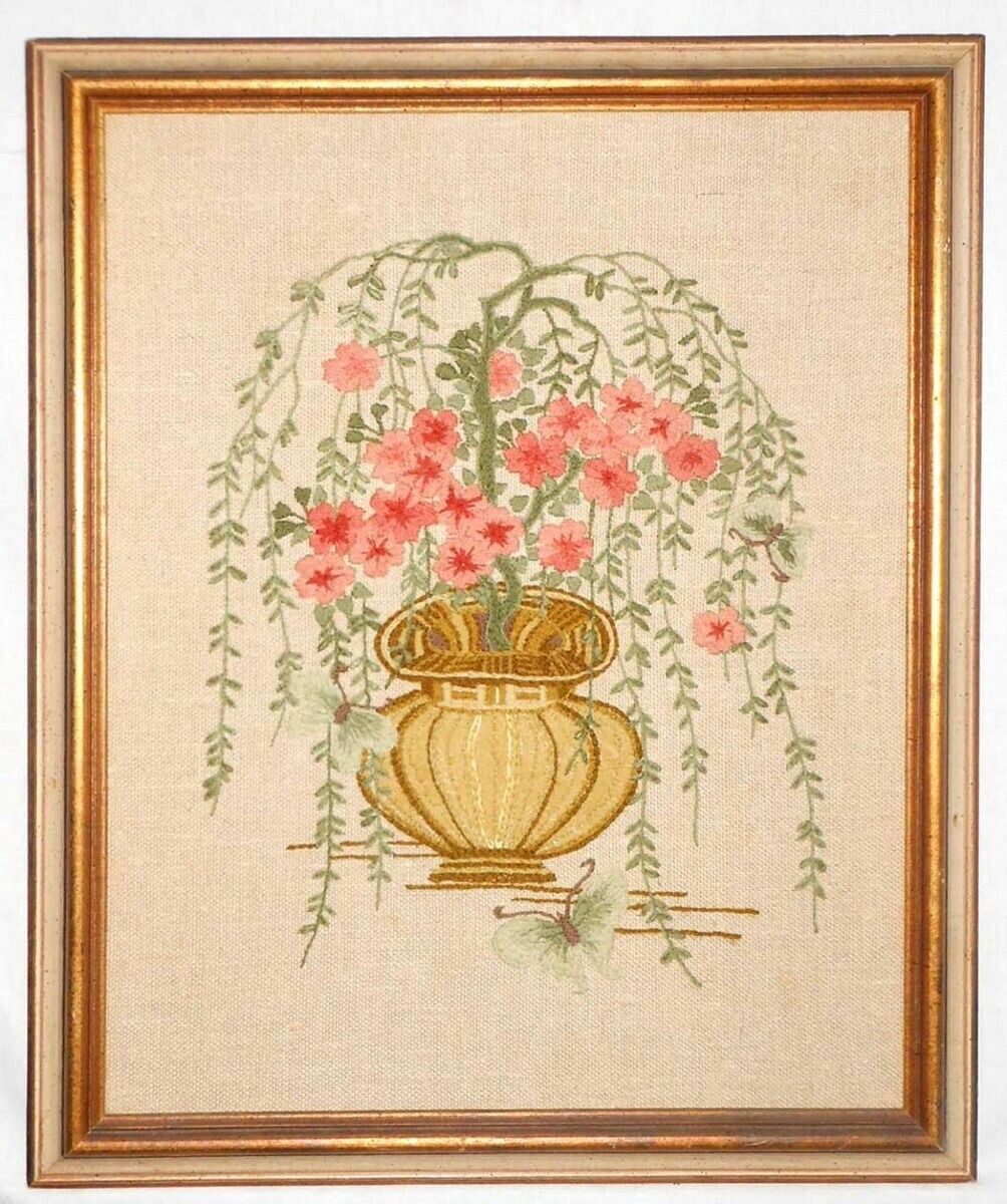 Vintage Needlework Butterfly Classic Urn Cascading Flowers Gold Frame Earth Tone