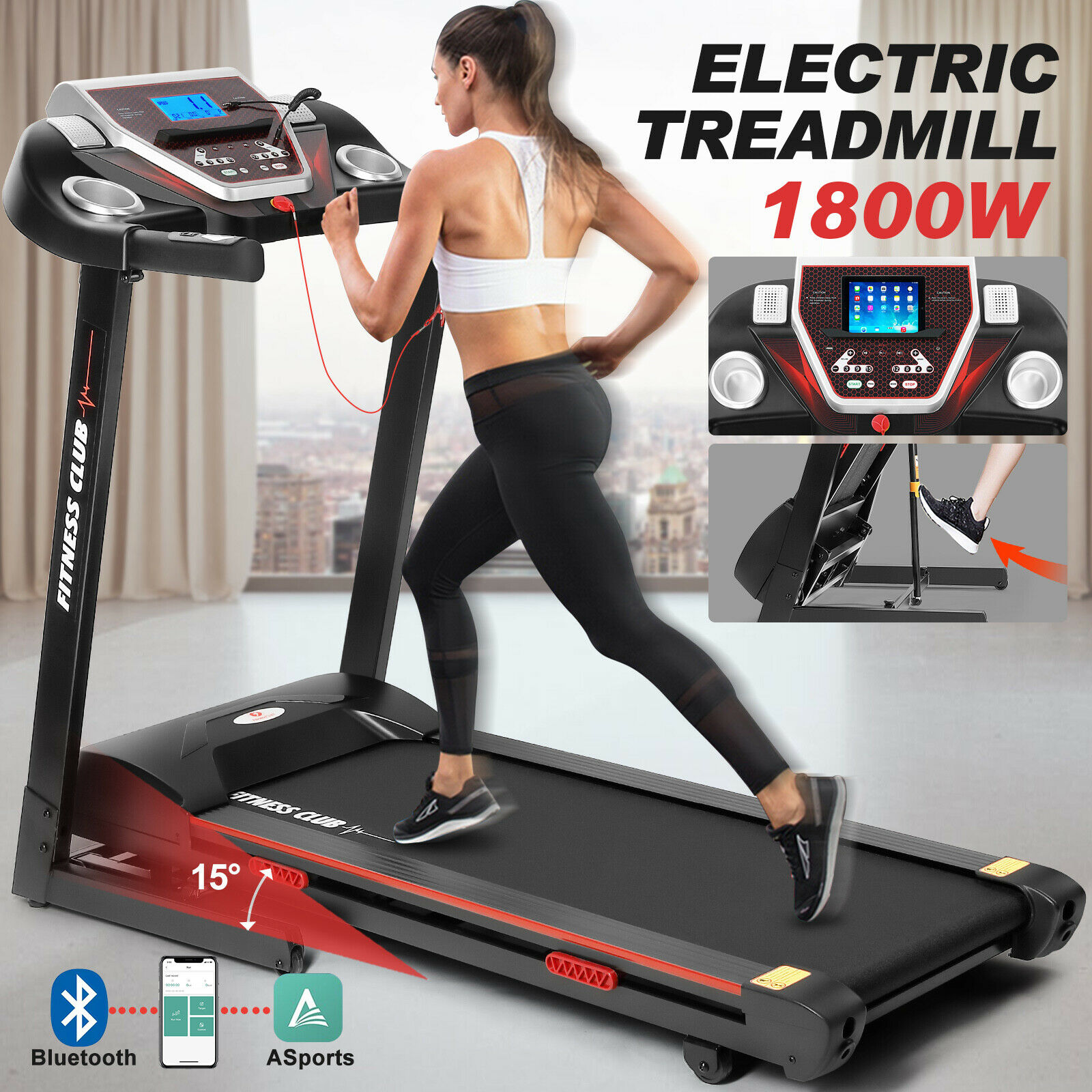 1800w Auto Incline Heavy Duty Fold Motorized Electric Treadmill Running Machine
