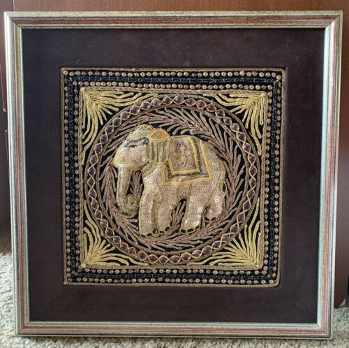 East Indian Beaded Embroidery Textile Wall Art - Framed Gold-sequined Elephant