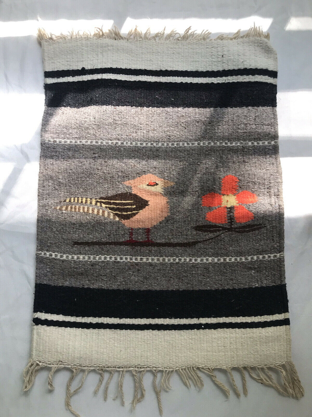 Vintage Woven Southwestern Stule Bird And Florwer Small Scale Textile Art